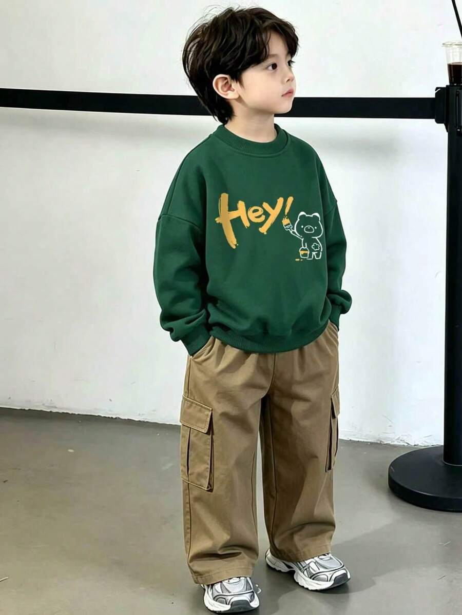 Setelan 2 Potong Unisex Modis dengan Motif Beruang Kreatif dan Kerah Bulat, Cocok untuk Pria di Musim Gugur/Dingin. - Dark Green - View 1