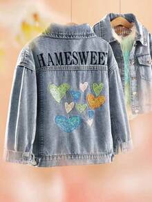 New Girls Casual Cute Denim Jacket, Young GirlShiny Heart Embroidery Versatile Top, Children's Clothing - Medium Wash - View 3