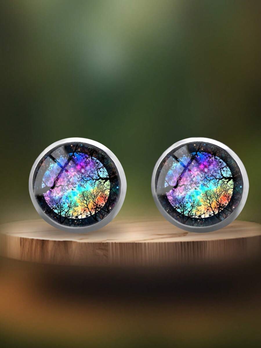 1對夢幻森林星空圖案316不鏽鋼圓形耳釘耳環,適合女性日常配戴 - 紫色 - 查看 1