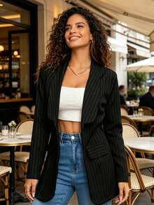 Women's Elegant Lapel Striped Casual Jacket - 黑色 - 查看 3