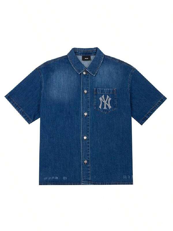 MLB Men's & Women's Outdoor Shirt BASIC DAMAGED MEGA LOGO Short Sleeve Denim 26 Summer New Vintage Washed Denim Short Sleeve Shirt 3ADRB0253-50INS