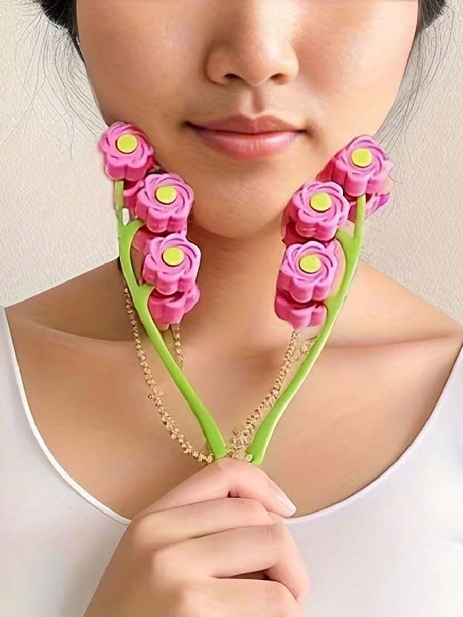 1pc Floral Design Facial Roller Massager - 6-Wheel Facial Contouring Massager, Targeted For Double Chin; Suitable For Home Use, Beauty Salon, Spa, Travel And Vacation - Multicolor - View 1