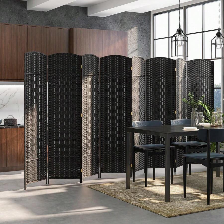 [Free Shipping] 8-Panel Folding Room Divider With Hand-Woven Texture And Solid Wood Frame-Black-XY240523 - FXC3I0INIHNJK0 - View 1