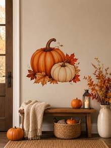 1pc Fall Pumpkins And Maple Leaves Wall Sticker, Autumn Theme PVC Self-Adhesive Wall Decal, Waterproof Removable Autumn Wall Decor, Peel And Stick For Living Room Bedroom Entryway, Thanksgiving Home Decoration - Autumn Harvest Theme - View 4