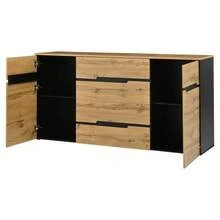 Aparador de salón 160*40*80 cm, aparador bajo con 2 puertas y 4 cajones, aparador de comedor, amplios compartimentos sin tirador, mueble auxiliar para sofá, color madera + negro - Color natural - Ver 11