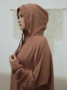 Women's Loose Brown Hooded Robe With Drawstring Tassel Detail, Long Bishop Sleeves, Elegant Woven Fabric - Brown - View 7
