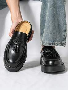 Black Tassel Loafer Mule Half-Slip-On Men's Backless Slip-On Shoes With Thick Serrated Platform Sole, Invisible Height Increase, British Street Style Spring/Summer Commute Versatile Slouchy Outdoor Sandals - Black - View 3