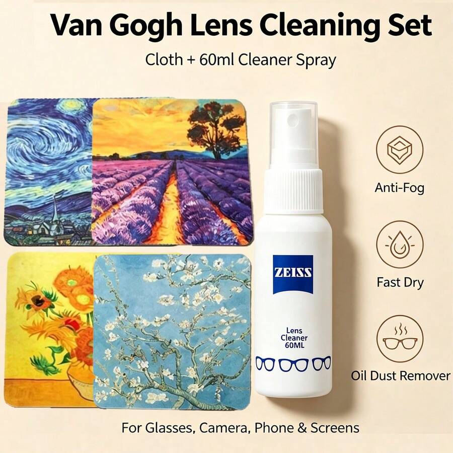 Van Gogh Print Microfiber Lens Cloth AntiFog Eyeglass Cleaner Spray Set,Fast Dry Oil Remover Mist, Reusable Anti-Scratch For Glasses, Cameras,Phones - Multicolor - View 1