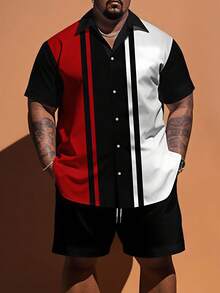 2pcs/Set Plus Size Men's Casual Striped Patchwork 3D Print Short Sleeve Button-Down Shirt And Shorts Summer Outfit, Suitable For Dates, Beach, Vacation - Multicolor - View 14