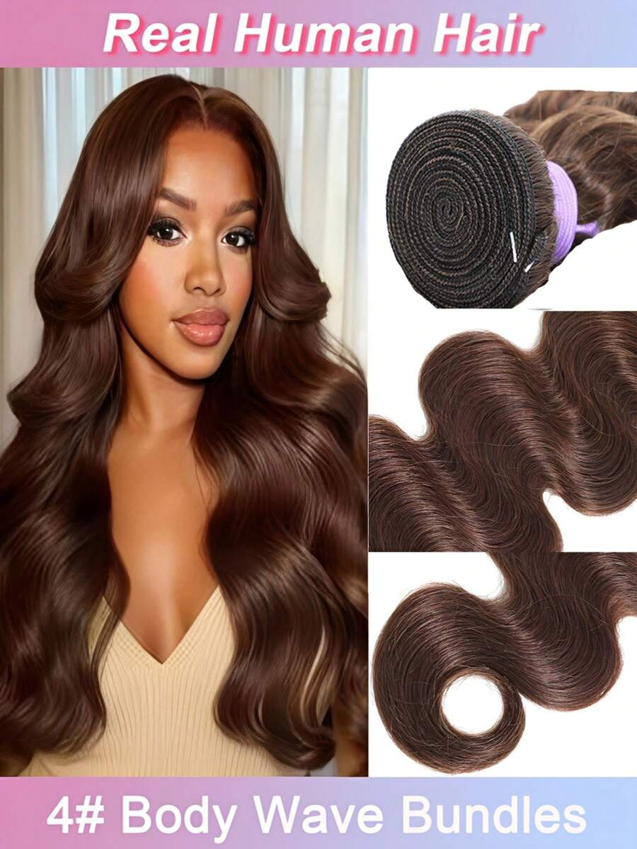 Rambut Manusia Cokelat Bergelombang (Body Wave) 1 Bundel 90g Rambut Belum Diproses Ekstensi Rambut Cokelat Bergelombang (Body Wave) Warna 4#
