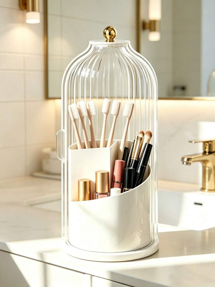 1 pieza Soporte para cepillo de dientes blanco transparente, estante de almacenamiento de escritorio con particiones de varias capas, base giratoria de 360°, accesorio de almacenamiento multifuncional para el baño, organizador de baño creativo sin taladro, decoración para el baño del hogar