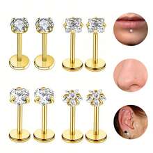 8Pcs Love/Star/Square/Round Shape CZ Labret Lip Rings Nose Rings Studs Stainless Steel Helix Conch Cartilage Earrings Piercing Jewelry For Women Men - Pink - View 11