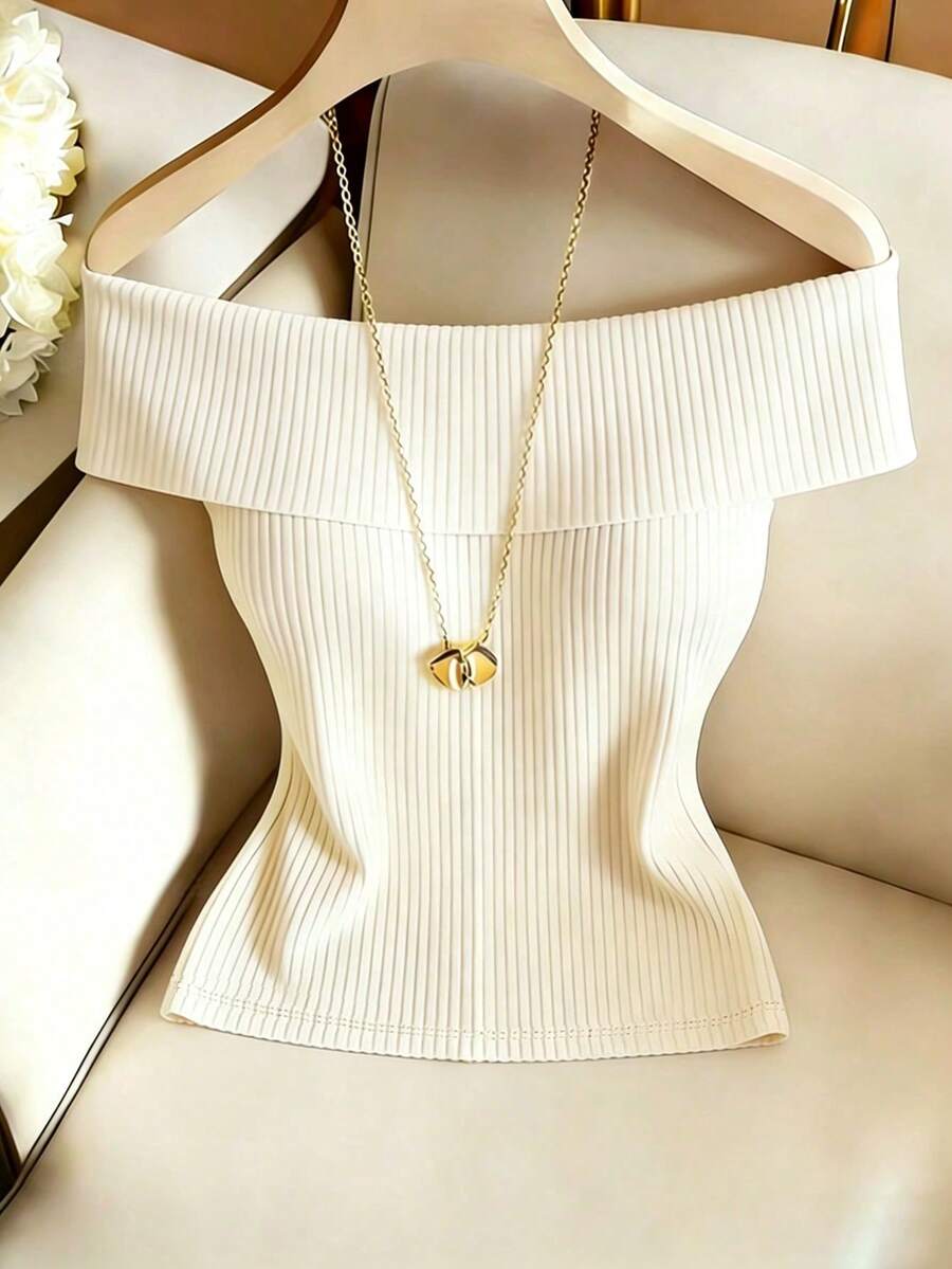 Cream White Casual Holiday Summer Tops For Women,One-Shoulder Basic Knitted Pit Fabric Brunch Tops, Date Commuting Wear WZQ7 - Apricot - View 1