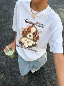 American Vintage Style Cavalier King Charles Spaniel Bow Print Short-Sleeve T-Shirt For Women, Gentle Loose-Fit Versatile Tee, Essential For Daily Fas - White - View 5