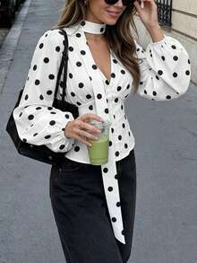 French Vintage Polka Dot Ribbon Blouse For Women, Design-Focused V-Neck Cinched Waist Puff Sleeve Fitted Long Sleeve Top, Suitable For Commuting, Dating, And Street Photography - White - View 3