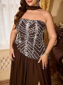 Elegant Plus Size Formal Dress, Strapless Beaded Sequin Gown With Asymmetrical Trumpet Hem, Paired With Flowy Soft Chiffon Shawl - Coffee Brown - View 4