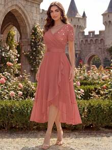 MIUSOL V-Neck Sequin Floral Lace Patchwork Chiffon Ruffle Hem Elegant Ball Party Midi Dress, Semi-Formal Evening Gown, Wedding Guest Dress Summer - Dusty Pink - View 7