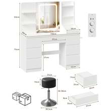 Devoko Vanity Table With LED Mirror & Power Outlet, Dressing Table With 7 Drawers, Hair Dryer Holder & Jewelry Hooks, White/Black/Pink - 查看 7