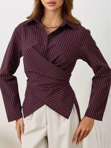 Women's Elegant Design Front Cross Tie Waist Long Sleeve Collared Striped Shirt, Striped Tie Front Button Asymmetrical Commute Office Daily - Burgundy - View 1