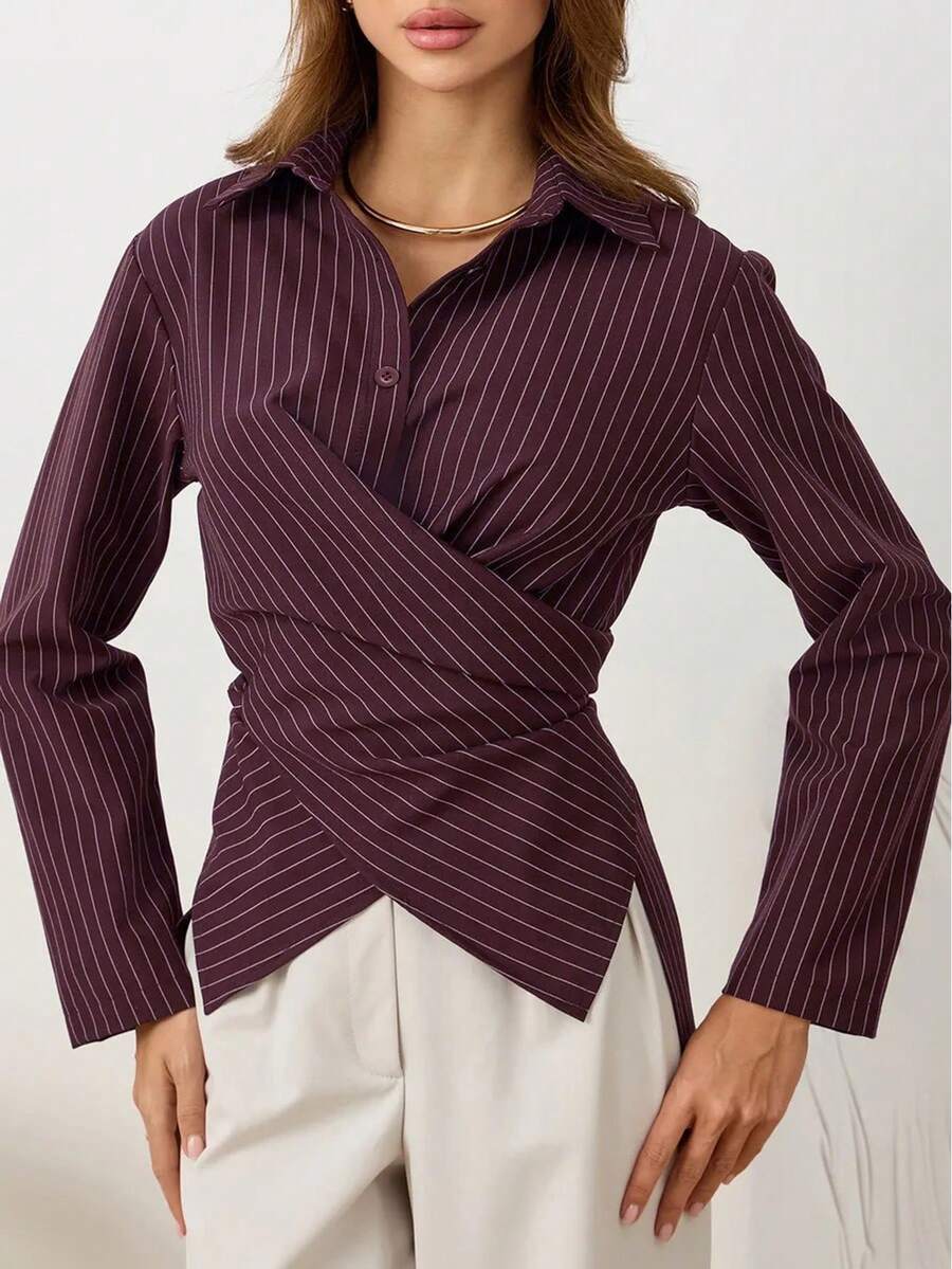 Women's Elegant Design Front Cross Tie Waist Long Sleeve Collared Striped Shirt, Striped Tie Front Button Asymmetrical Commute Office Daily - Burgundy - View 1