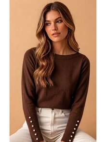 Basic Knit Sweater Blouse With Pearl Detail, Polyester, Pearls, Nightwear - 鏽棕色 - 查看 2