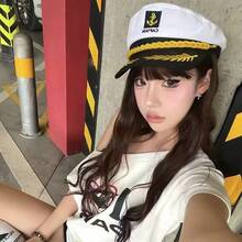 2pcs Halloween White Sailor Hat, Round Top White Anchor Rolled Edge Captain Hat Solid Color, Sailor Cap - Multicolor - View 2