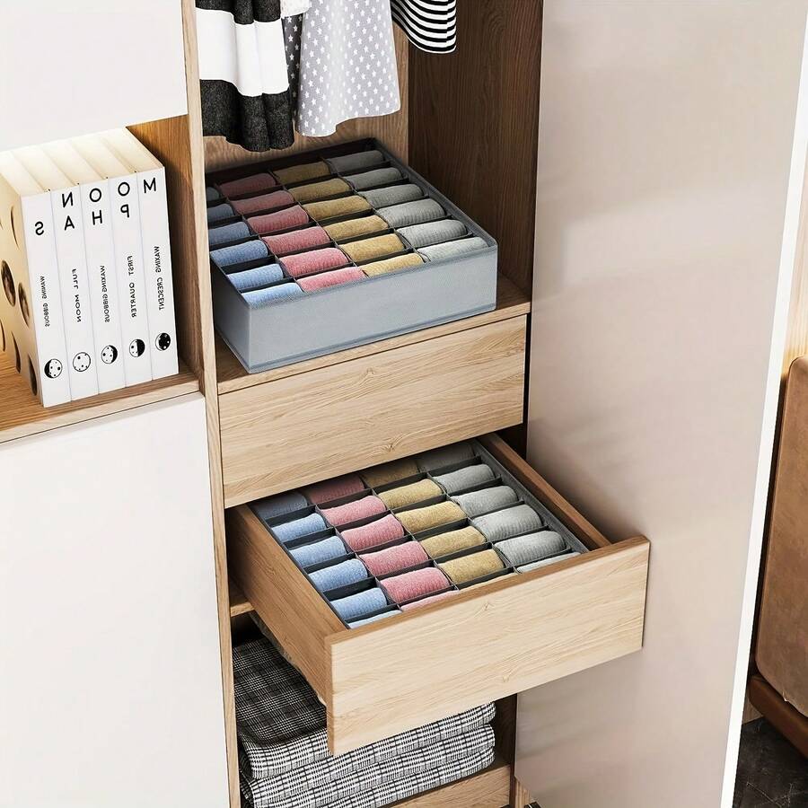1/2 Pacote Organizador de Gaveta de Meias Divisores Organizador de Roupa Íntima, Organizador de Guarda-Roupa com 24 Grades e Organizador de Armazenamento Caixa de Armazenamento de Meias, Para Armazenar Meias, Lenços, Gravatas, Cintos (Bege) (Preto) - Bege - Visão 1