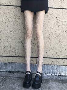女款黑色緊身透視網襪，多尺寸高彈性鏤空魚網絲襪，龐克哥德風日常夜店街頭穿搭襪 - 彩色 - 查看 9