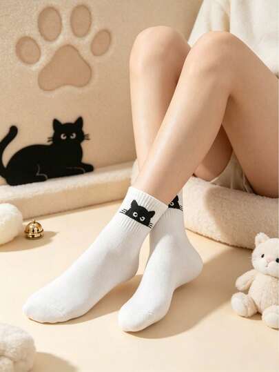 5 Pairs Unisex Japanese Style Black Cat Cartoon Minimalist All-Match Daily Home Casual Versatile Short Socks All Season