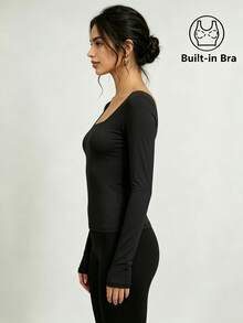 FLEXCHIC Backless Strapless Bra Top, Elastic Round Neck Slim Fit T-Shirt, Suitable For Outings, Perfect Choice For Valentine's Day - Black - View 5