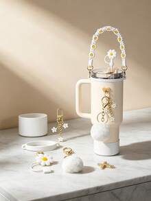 7Pcs Tumbler DIY Decor Accessories Set Cute Daisy Flower Carry Handle Strap Silicone Straw Cover Bottle Boot & Pom Pom Charms Fits 30/40 Oz Cup Preppy Y2K Cup Accessories For Travel School Birthday Gift For Women Back To School Party Supplies - White - View 8