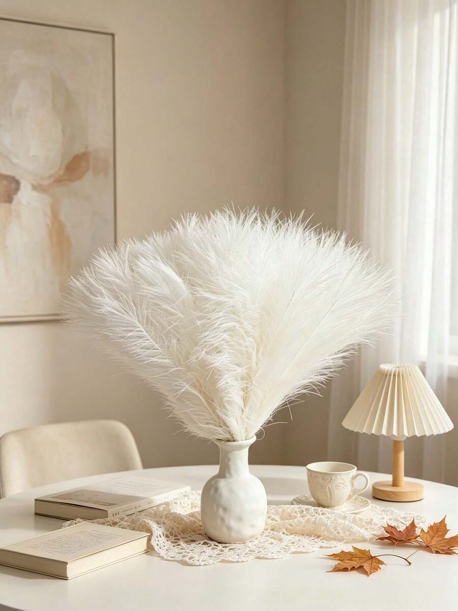 10 Pcs Artificial Reed Grasses, Boho-Style Home Decor, Faux Vases, Decorations For Living Rooms And Wedding Parties, Holiday Gatherings, Outdoor Fake Greenery, Made Of Wicker, Wedding Decor, DIY Wreath Materials, Fall Decorations, Halloween Decor - Milky White - View 1