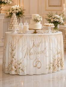 1件象牙色 Just Married 婚禮桌裙，優雅聚酯纖維長方形派對桌布，金色字體、婚戒、白玫瑰與葉子印花，適用甜點桌、蛋糕桌、新娘派對、婚禮接待與慶祝裝飾 - 彩色 - 查看 4