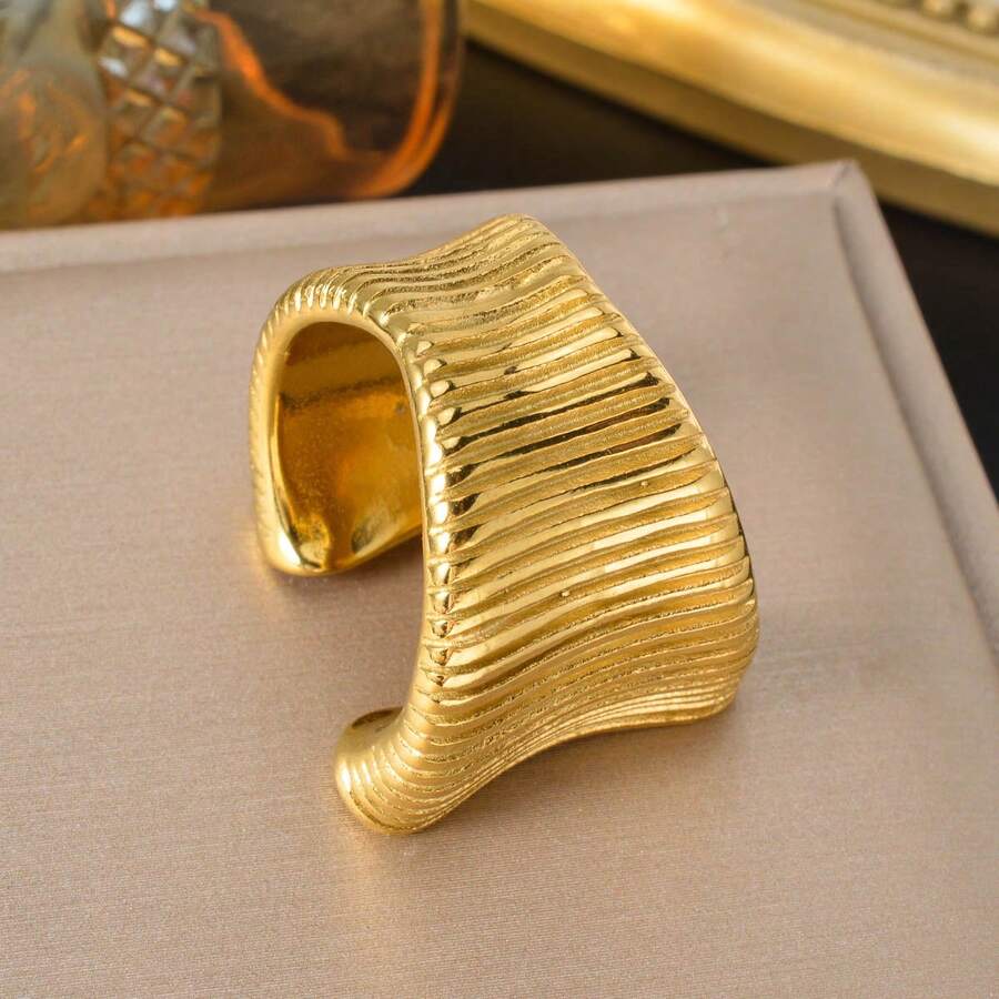 Thick Stainless Steel 18K Gold Plated Wave Wide Face Open End Ring, Suitable Both Men Women, Daily Party Street Dance Wear, Hip Hop Punk Jewelry - Gold - View 1