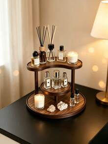1pc Vintage Luxury Walnut Wood Cosmetic & Perfume Display Stand, Dark Brown Rounded Design, Multi-Layer Storage, Polished Frame, Multi-Functional Makeup Organizer, Perfume Rack, Bathroom Bedroom Desktop Storage Rack, New Home Decor, Gift For Best Friend - Coffee Brown - View 2