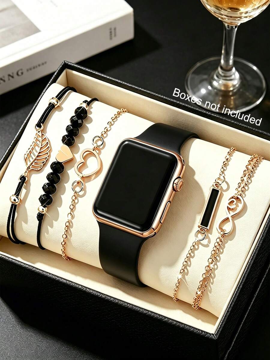 Casual Fashion Silicone LED Electronic Watch And Bracelet Set, Holiday Gift, Daily Strap, Back To School - Black - View 1