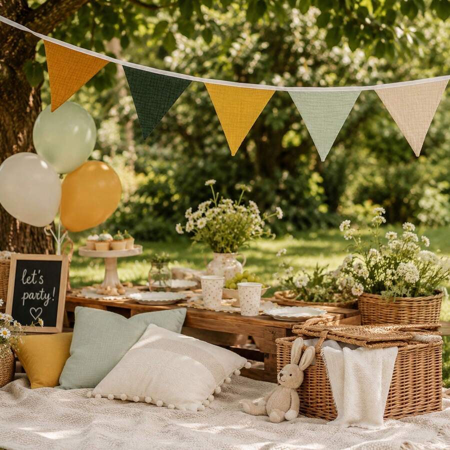 Morandi Color Cotton Fabric Triangle Bunting, Fabric Triangle Flag Garland, Suitable For Birthday Party, Picnic, Tent, Wall Decoration - Multi-color - View 1