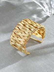 1pc Fashion Minimalist Hand-Woven Design Wide Open Metal Bracelet For Women, Suitable For Daily Wear - 金色-B1552 - 查看 5