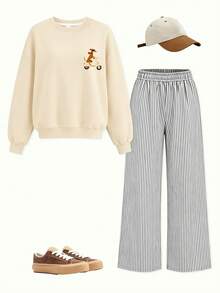 2pcs/Set Girls Outfit, Cream Cartoon Dog Print Sweatshirt + Striped Wide Leg Pants, Soft Fabric, Cute Casual Style - Apricot - View 2