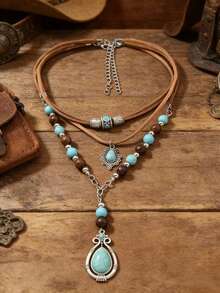 2 buah Kalung Multi-Layer Vintage untuk Wanita, Rantai Kalung Liontin, Perhiasan Serbaguna Gaya Bohemian - MultiWarna - View 5
