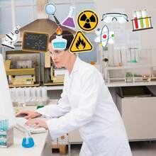 2 Science Lab Theme Banner Garlands, 10 Cartoon Lab Cutout Flags, Beaker, Radiation Sign, Goggles, Microscope, Atom, Flame, Warning Sign Hanging Decorations, Suitable For Scientist Birthday Party And Classroom Decor - A - View 6