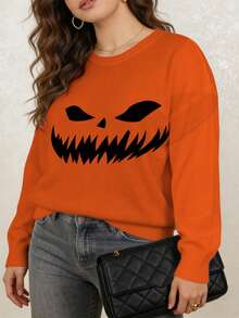 ASHKATIA Women's Sweater, Plus-Size Clothing For Autumn And Winter, Plus-Size Halloween Clothing, Ghost Face Pattern Print, Outfit For Halloween Party - Multicolor - View 2