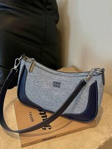 Light Blue Textured Patchwork Underarm Bag With Detachable Shoulder Strap, Minimalist Zipper Shoulder Handbag For Daily Use - Blue - View 3