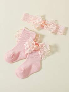 1 Set Spring/Autumn Multi-Color Baby Sweet Cute Lace Bow Boat Socks + Bow Headband, Suitable For Baby Full Month, First Birthday, Special Occasions - Pink - View 4