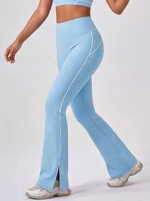 Never me Women's Sports Flared Pants, High Waist Split Leg Yoga Fitness Bell Bottom Trousers - Aqua Blue - View 5