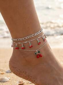 3pcs/Set Cute Cherry Pendant Anklet, Fashionable Cherry Tassel Anklet Set, Suitable For Daily Wear, Beach Party, Date - Silver - View 1