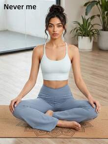 Never me Women's Sports Long Pants With Crossover Waist, Shaping Flared Leg, Seamless Wide Waistband, Hip-Flattering - Sky Blue - View 10