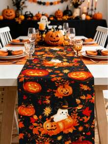 1pc Happy Halloween Tablecloth, Pumpkin Ghost Leaf Pattern Tablecloth, Party Tablecloth, Halloween Party Supplies, Scary Halloween Table Runner, Haunted House Decoration, Trick Or Treat Decoration, Halloween Gift, Party Gift, Halloween Home Decor, Room Decoration, Kitchen Tablecloth, Christmas Decoration, 2027 New Year Party Decoration, New Year Gift, Winter Decoration - Pumpkin Ghost Leaves - View 2