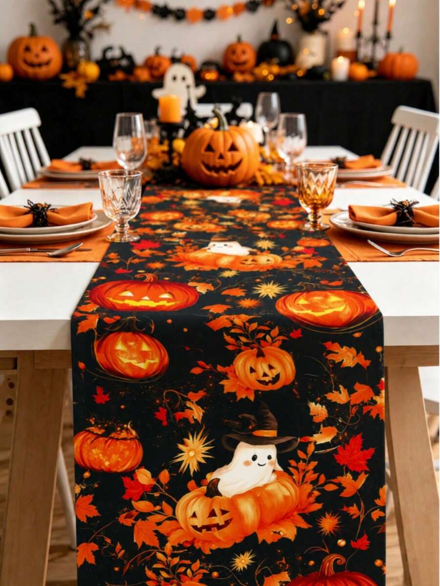 1pc Happy Halloween Tablecloth, Pumpkin Ghost Leaf Pattern Tablecloth, Party Tablecloth, Halloween Party Supplies, Scary Halloween Table Runner, Haunted House Decoration, Trick Or Treat Decoration, Halloween Gift, Party Gift, Halloween Home Decor, Room Decoration, Kitchen Tablecloth, Christmas Decoration, 2027 New Year Party Decoration, New Year Gift, Winter Decoration