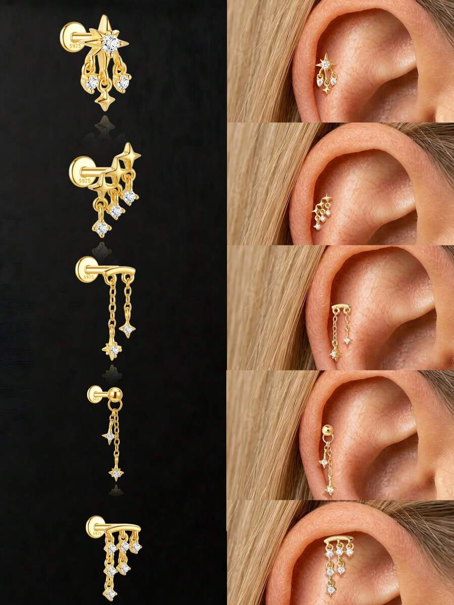 1 pièce Boucle d'oreille de cartilage en argent sterling 925 avec chaîne à franges et étoile en zircone cubique, bijou cadeau pour femmes pour usage quotidien, rendez-vous, Saint-Valentin et mariage - #4 - Voir 1
